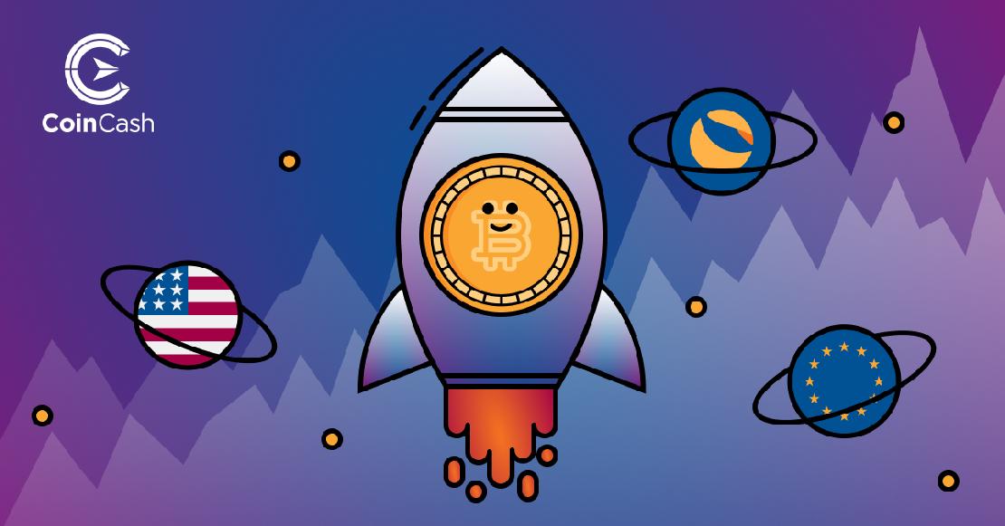 Egy Bitcoin érme repül felfelé az űrbe egy rakétán, körülötte az amerikai zászlóval, az EU zászlajával és a Terra logójával